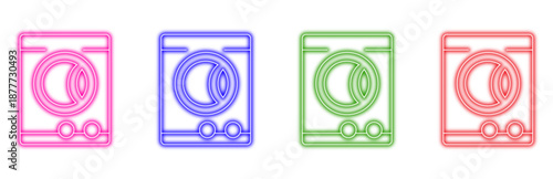 Multiple variants of colorful neon washing machine icons set, glowing outline symbols for laundry and household chores, isolated on transparent background.