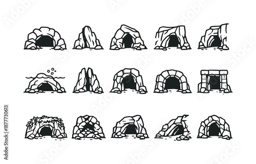 Cave Entrances Icons. Cave entrances. Line icon set of cave entrances: wide cave mouth, narrow opening, rock arch, cliffside cave, underwater entrance,