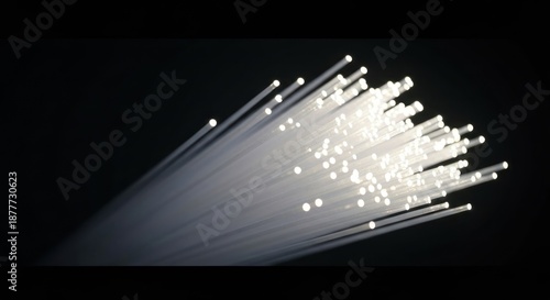 Glowing optical fibers fan out against a dark background, radiating light