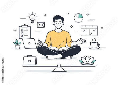 Calm Efficient Workflow. Sustainable productivity. Person completing tasks while keeping calm and relaxed posture. Balanced approach to efficiency without
