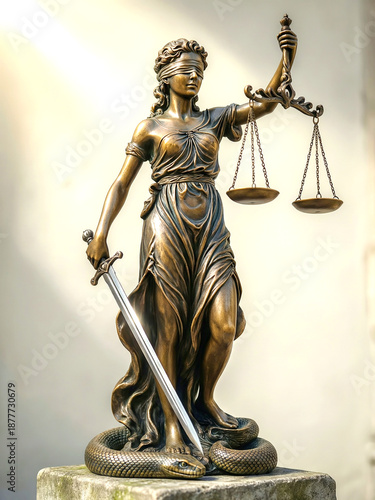 Bronze Statue of Themis, Goddess of Justice, Holding Scales and Sword, Blindfolded, Realistic 3D Render