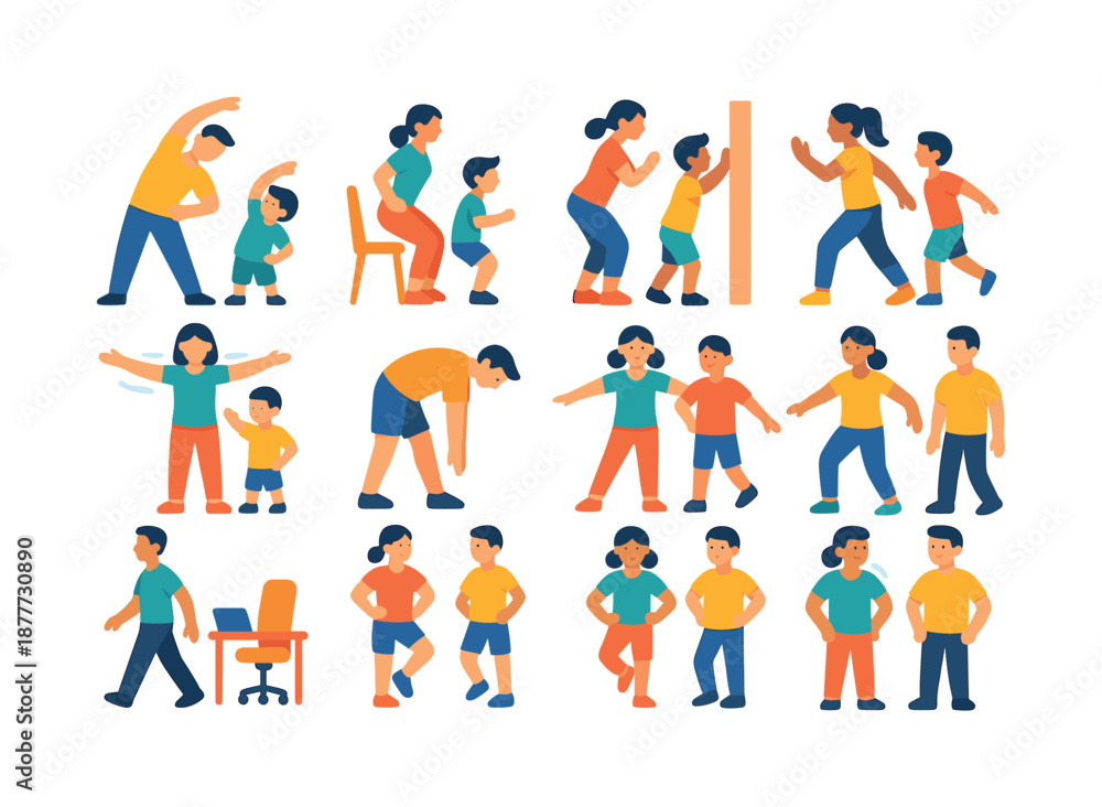 Fototapeta premium Family Exercise Icons. Family movement breaks. Colorful flat vector icons set of Family movement breaks: quick stretch, chair squats, wall push-ups, knee