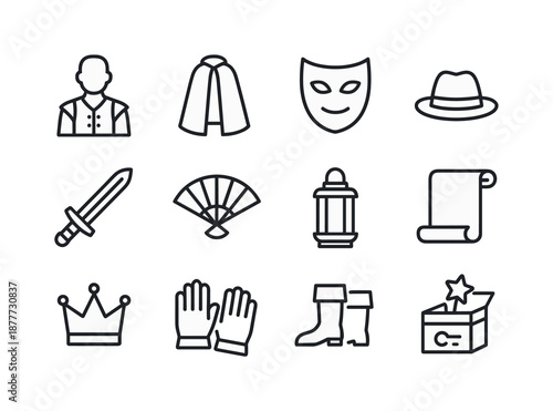 Costume Icon Set. Costume & Props. Line icon set of Costume & Props: actor costume, cloak, mask, hat, stage sword, fan prop, lantern prop, scroll prop, crown,
