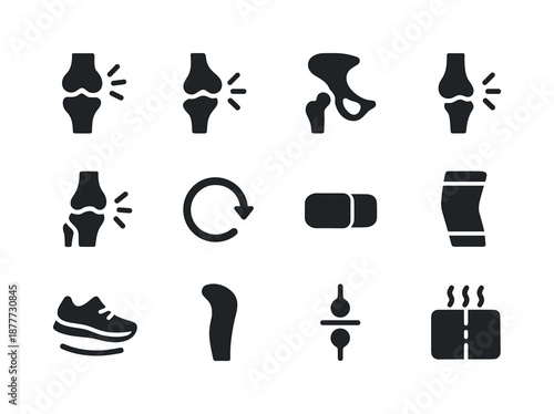 Mobility Icon Set. Mobility and joint care. Solid icon set of Mobility and joint care: knee icon, hip icon, shoulder joint, ankle joint, wrist joint, slow