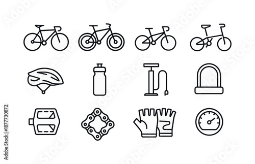 Biking Icon Set. Biking. Line icon set of biking: road bike, mountain bike, BMX bike, folding bike, bike helmet, water bottle, bike pump, bike lock, pedal,