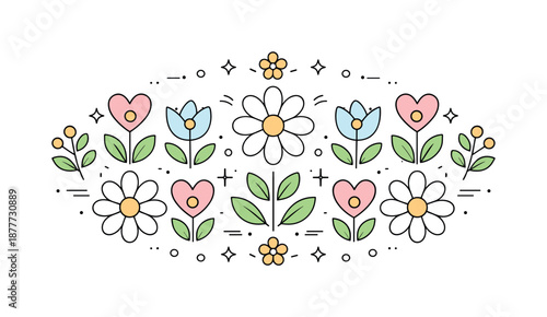 Pastel Symmetrical Bloom. Pastel spring background. Simple geometric flowers and leaves arranged symmetrically, creating a balanced and soothing visual rhythm.