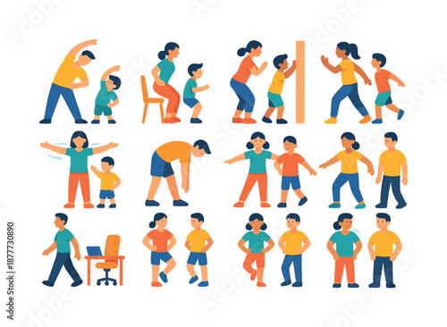 Family Exercise Icons. Family movement breaks. Colorful flat vector icons set of Family movement breaks: quick stretch, chair squats, wall push-ups, knee