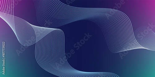 Abstract violet purple and green wavy line pattern on dark blue background with copy space. Modern tech futuristic neon color banner concept. Vector illustration