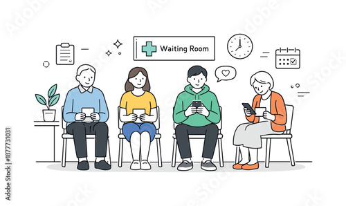 Calm Hospital Waiting Room. Hospital visit waiting room. People sitting quietly with appointment cards and phones, calm posture and simple chairs around. Sense