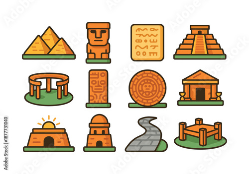 Ancient Civilization Icons. Ancient civilizations. Colorful flat vector icons set of Ancient civilizations: pyramid complex, stone idol, ancient script tablet,