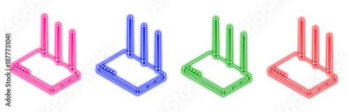 Colorful neon outline wi-fi router icon set with three antennas and signal lights, symbolizing modern wireless internet connectivity and network communication, isolated on transparent background.