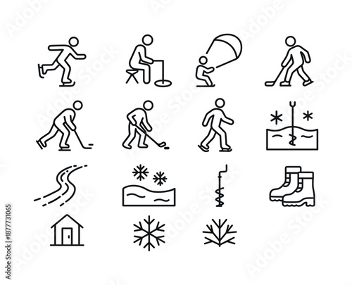 Frozen Lake Activities. Frozen lake activities. Line icon set of Frozen lake activities: ice skating, ice fishing, snowkiting, ice hockey, curling, walking on