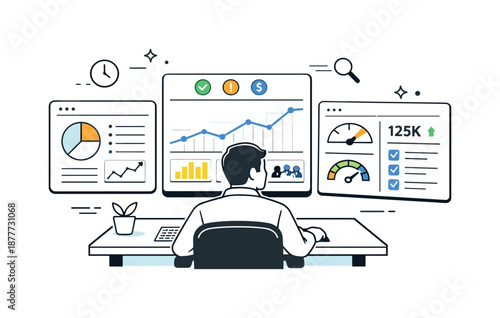 Dashboard Monitoring Scene. Dashboard monitoring. Professional observing live metrics and indicators on multiple screens, tracking business health. Steady