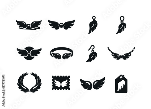 Angel Wing Accessories. Angel wing accessories. Solid icon set of angel wing accessories: wing clip, wing brooch, wing pendant, wing charm, wing pin, wing