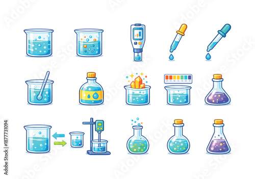 Chemical Solutions Icons. Chemical Solutions. Colorful flat vector icons set of Chemical Solutions: solution beaker, dissolved particles, concentration meter,