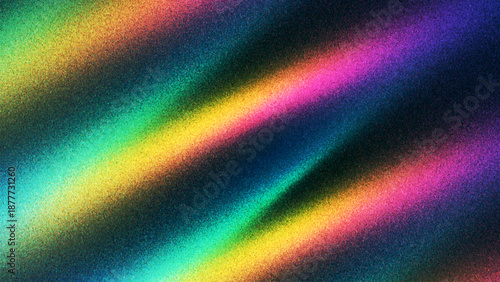 Vibrant abstract background with flowing rainbow gradients and film grain texture created from thousands of individual dots. Expressive saturated neon colors blend smoothly with dark shadows. Vector