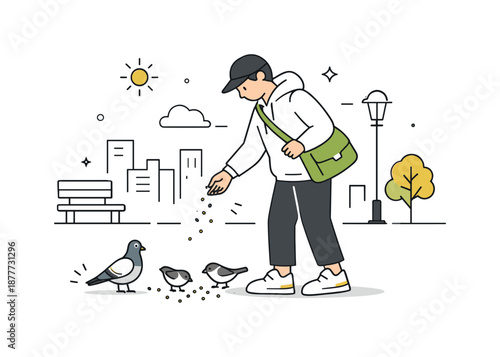 Daily Bird Feeding. Feeding birds as daily ritual. A person pausing during a walk to feed birds, sense of balance between urban life and small mindful habits.