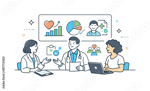 Collaborative Treatment Analysis. Patient outcome analytics. Team discussing treatment results using simple charts and icons, collaborative and focused