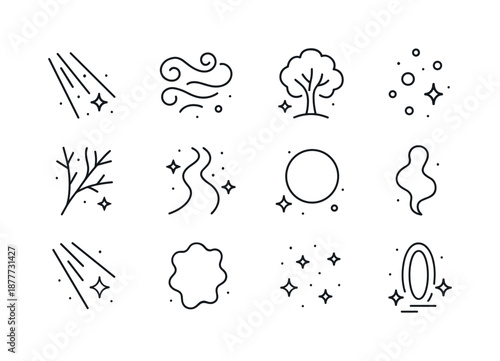 Mystical Forest Icons. Mystical Forest Light. Line icon set of Mystical Forest Light: enchanted beam, magical mist, glowing tree, ethereal particles, luminous
