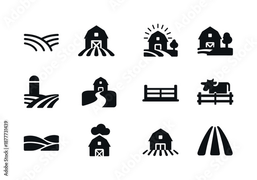Farm Landscape Icons. Farm landscape. Solid icon set of farm landscape: field lines, distant barn, sunrise over barn, barn with trees, silo in field, path to