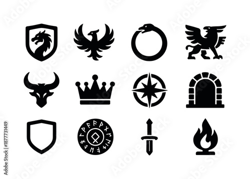 Mythic Icons Collection. Mythic symbols. Solid icon set of mythic symbols: dragon crest, phoenix emblem, serpent ring, griffin mark, horned symbol, ancient