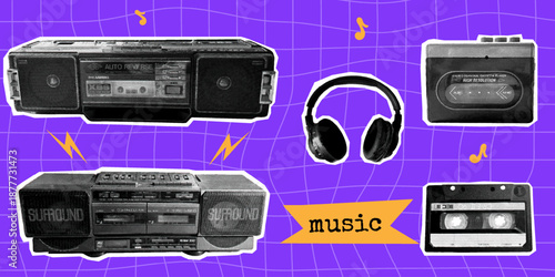 Retro music devices and audio equipment collage set.