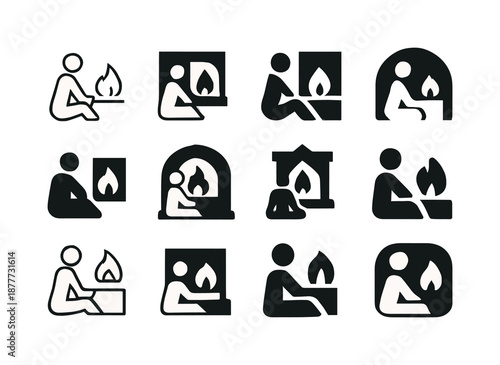 Fireplace Emblem Variations. People enjoying a warm fire in the fireplace. Icon set. Set Logo of people enjoying a warm fire in the fireplace: person sitting