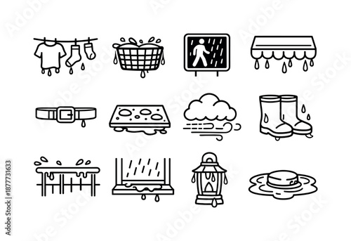 Rainy Day Icons. Rainy Day. Line icon set of rainy day: dripping clothesline, soaked bicycle basket, wet crosswalk signal, rain-beaten awning, umbrella strap