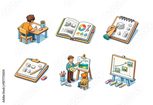 Isometric Art Learning. Art learning. Isometric flat vector icons set of Art learning: person studying drawing techniques, open art book, sketching hand with