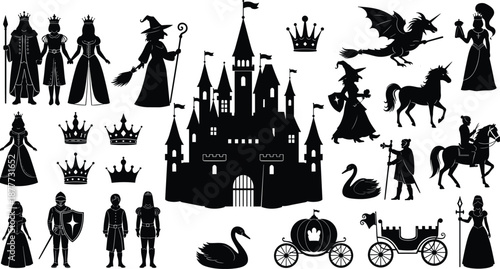 Fairy tale silhouette collection with castle, king, queen, witch, knight, dragon, and unicorn, fantasy kingdom vector illustration elements isolated on white background.