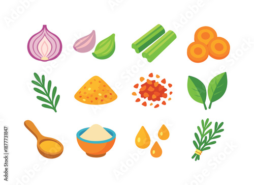 Cooking Aromatics Icons. Cooking aromatics. Colorful flat vector icons set of cooking aromatics: onion halves, garlic cloves, celery sticks, carrot slices,