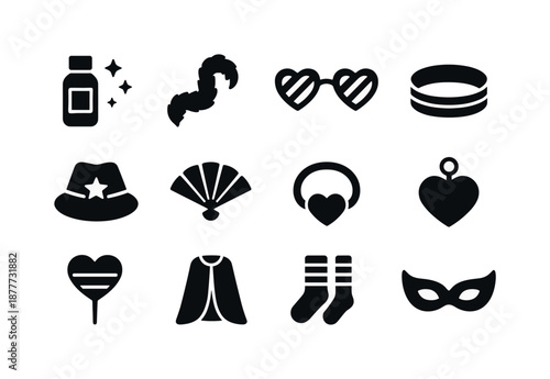 Pride Parade Icons. Pride parade accessories. Solid icon set of pride parade accessories: glitter bottle, feather boa, pride sunglasses, rainbow wristband,