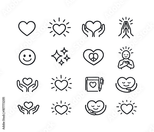 Grateful Heart Icons. Complete Grateful Heart Essentials. Line icon set of Complete Grateful Heart Essentials: heart symbol, heart with rays, holding heart