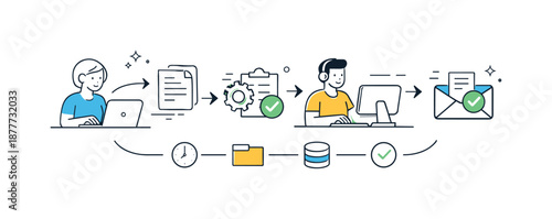 Streamlined Workflow Automation. Automated document routing. Abstract files moving smoothly through workflow steps. Speed and reliability, clean arrows and