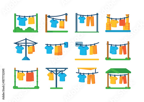 Colorful Clothesline Icons. Clothesline setups. Colorful flat vector icons set of clothesline setups: backyard line, pulley clothesline, dual-line pole,