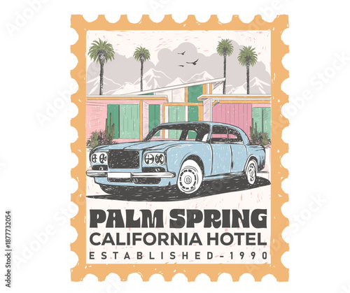 California road trip design. America vintage resort artwork. Palm springs watercolor graphic print design for t shirt print, poster, sticker, background and other uses. Vintage car design.