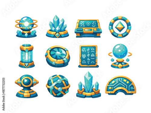 Atlantean Tech Icons. Atlantean Technology. Colorful flat vector icons set of Atlantean Technology: energy core, crystal generator, ancient console, geometric