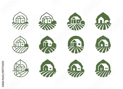 Farm Greenhouse Icons. A small farm with a hand-built greenhouse for growing vegetables. Icon set. Set Logo of A small farm with a hand-built greenhouse for