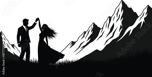 Romantic silhouette of a couple dancing in nature with mountains background, elegant groom and bride wedding vector illustration, black and white landscape art design