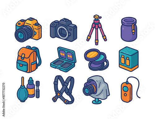 Camera Gear Icons. Travel camera gear. Colorful isometric vector icons set of travel camera gear: DSLR camera, mirrorless body, tripod, lens pouch, camera