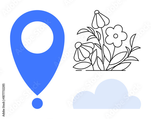 Navigation, nature, cartography, travel, eco-friendly designs, minimalistic design. Blue geolocation pin, cloud and black-and-white floral elements. Navigation and nature design for travel and eco