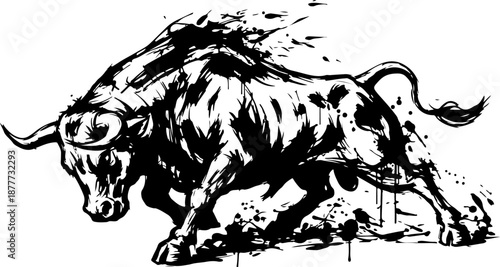 Aggressive bull charging forward with intensity