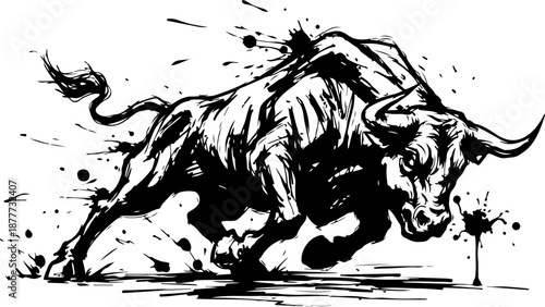 Aggressive bull charging forward with intensity