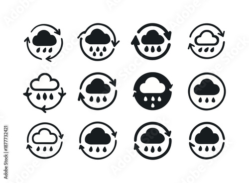 Rain Cycle Icon Set. Rain formation. Icon set. Set Logo of rain formation: rain cycle arrows. harmonious logo variations of the same emblematic concept, each