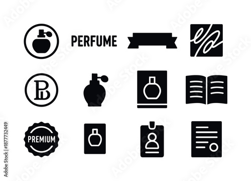 Perfume Branding Icons. Perfume branding. Solid icon set of perfume branding: logo emblem, typography tag, brand ribbon, signature pattern icon, monogram seal,