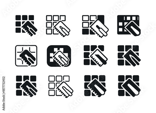 Kitchen Backsplash Icons. Installing a backsplash in the kitchen. Icon set. Set Logo of installing a backsplash in the kitchen: tiling trowel. harmonious logo