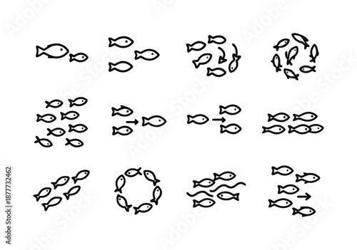 Fish Group Icons. Fish Group Behavior. Line icon set of Fish Group Behavior: lead fish, follower fish, turning group, cluster swirl, scatter motion, joining