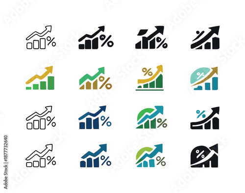 Interest Rate Logo Set. Interest rates and bonds. Icon set. Set Logo of Interest rates and bonds: rising interest graph. harmonious logo variations of the same