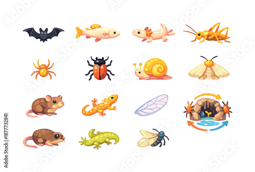 Colorful Cave Creatures Icons. Cave creatures. Colorful flat vector icons set of cave creatures: bat silhouette, cave fish, blind salamander, cave cricket,