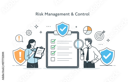 Risk Management Analysis. Risk management and control. Professionals assessing risks using checklists and shield icons. Calm analytical mood representing